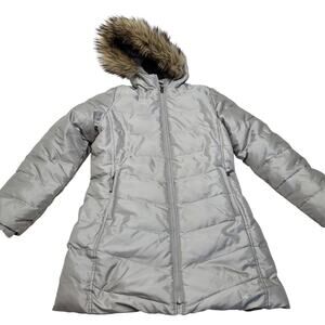 Lands End silver down alternative long puffer jacket winter coat fur